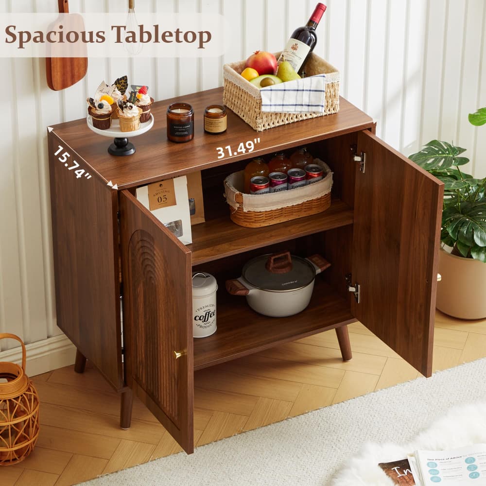 Walnut 31.5" Arched Fluted Storage Cabinet with adjustable shelf and soft-close hinges