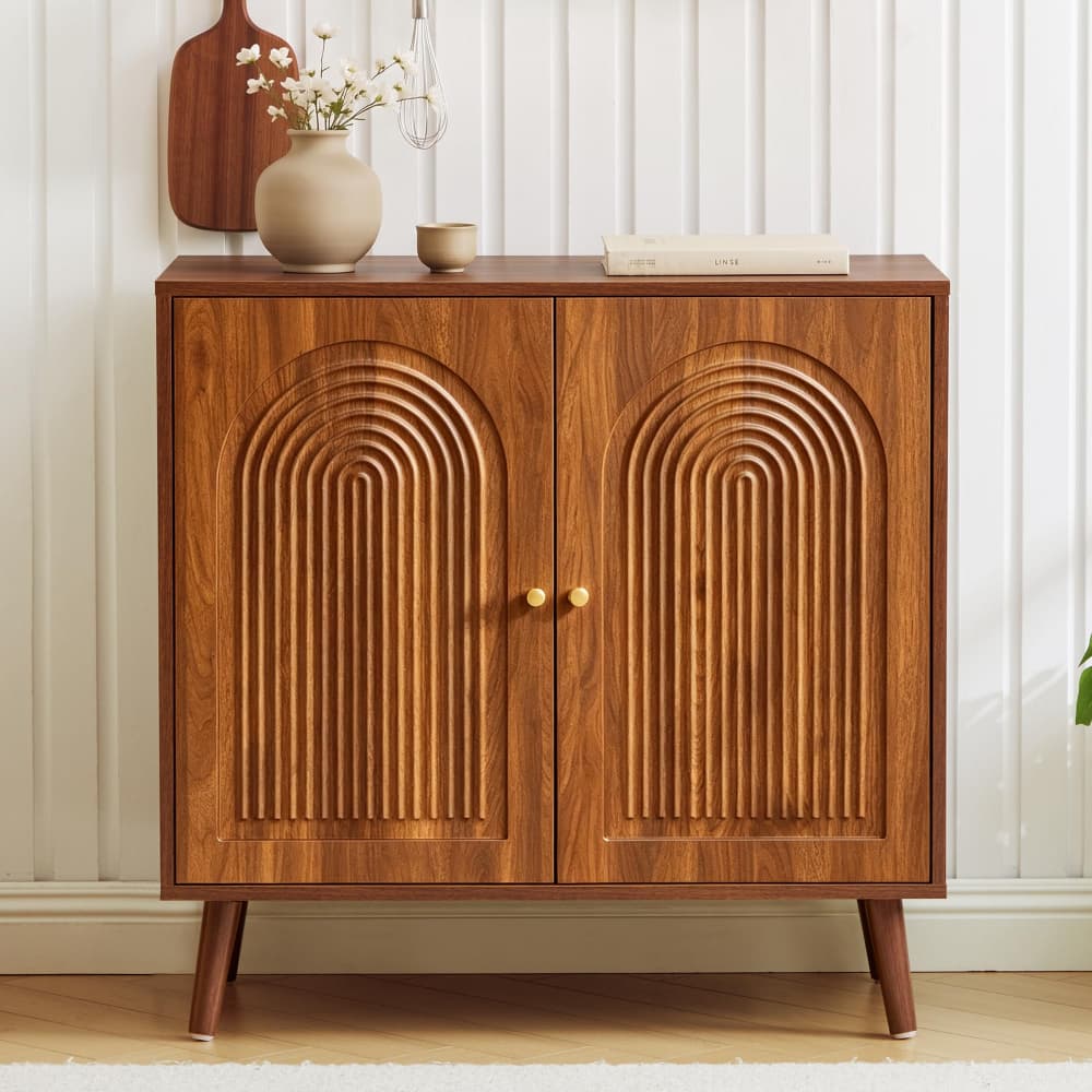 Walnut 31.5" Arched Fluted Storage Cabinet with adjustable shelf and soft-close hinges