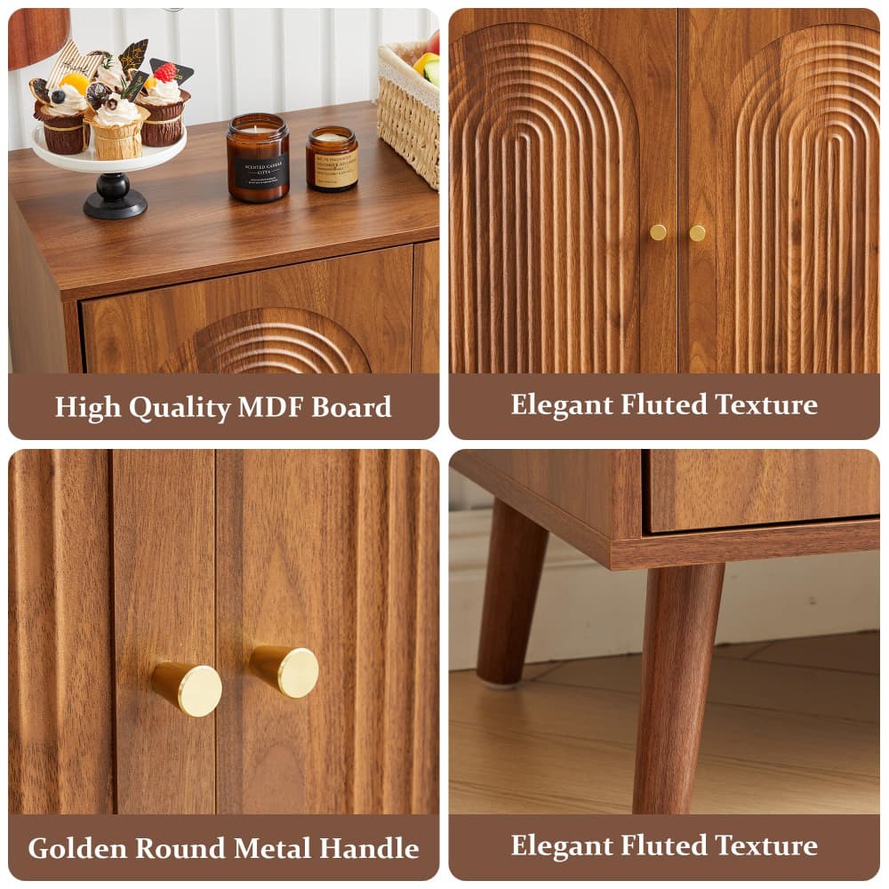 Walnut 31.5" Arched Fluted Storage Cabinet with adjustable shelf and soft-close hinges