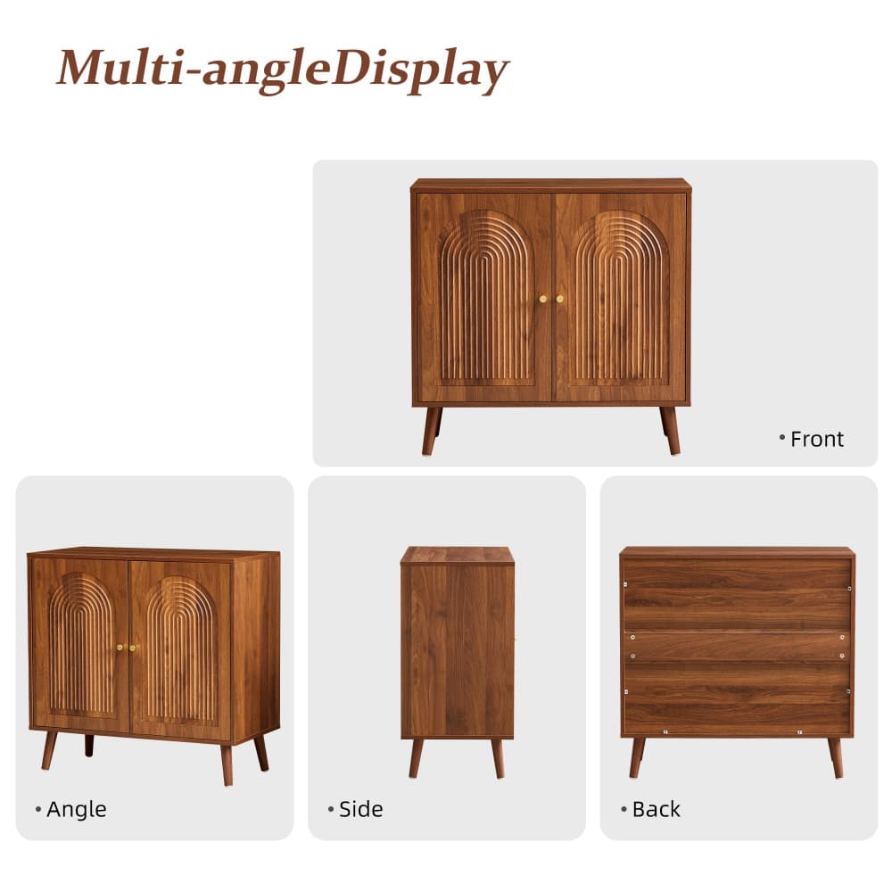 Walnut 31.5" Arched Fluted Storage Cabinet with adjustable shelf and soft-close hinges