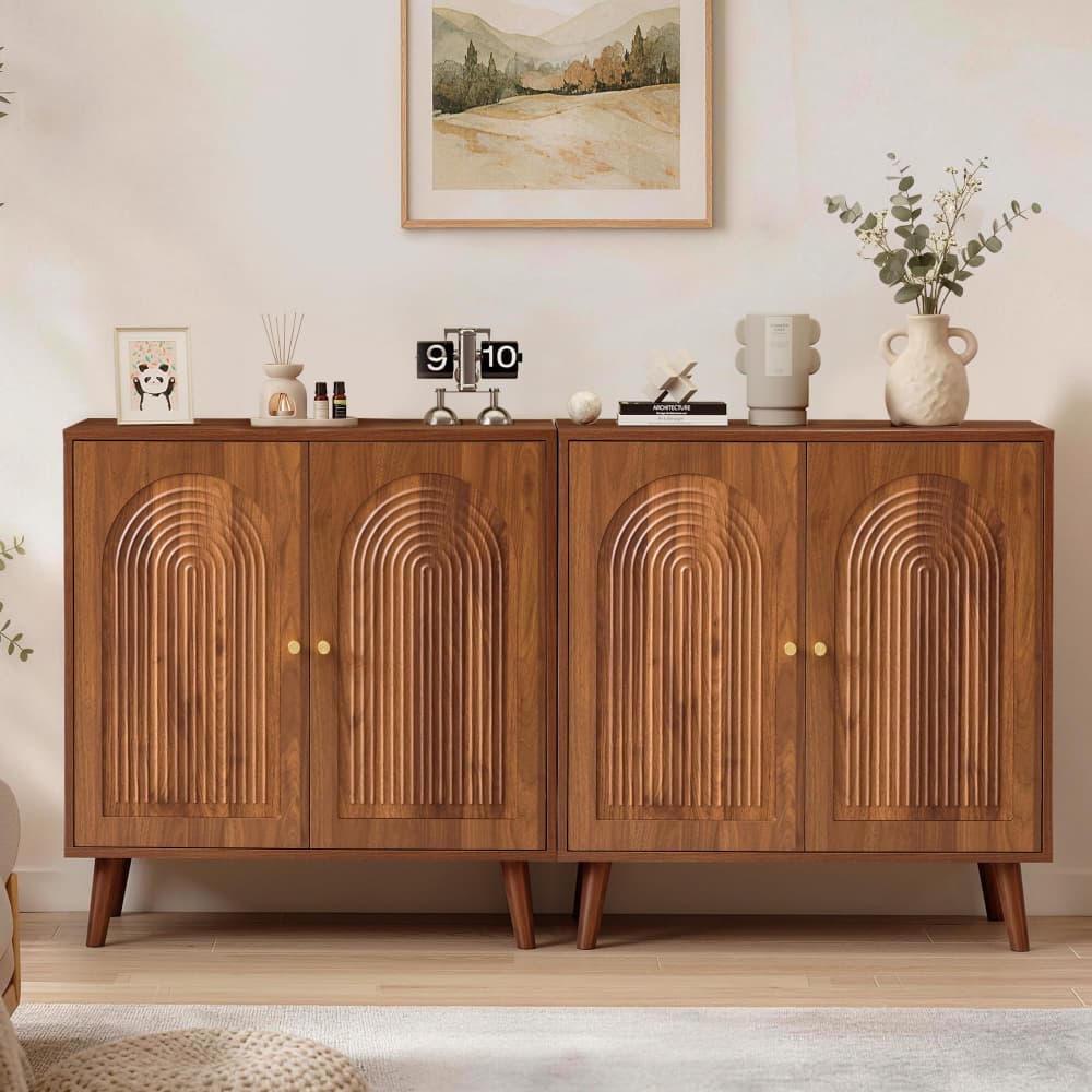 Walnut 31.5" Arched Fluted Storage Cabinet with adjustable shelf and soft-close hinges