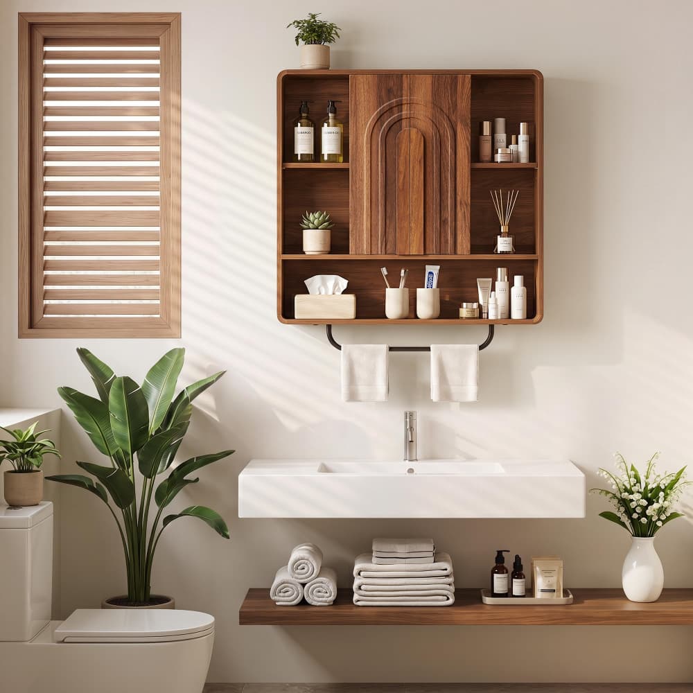 A modern bathroom scene featuring a wall-mounted wooden vanity cabinet with open shelves, a towel bar with white towels, a white floating sink, folded towels on a lower shelf, and decorative plants and toiletries in a bright, sunlit room.