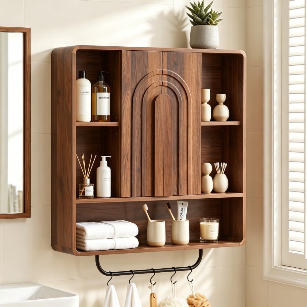 31.5" Bathroom Wall Mounted Storage Cabinet with Towel Bar & Arched Fluted Double Doors