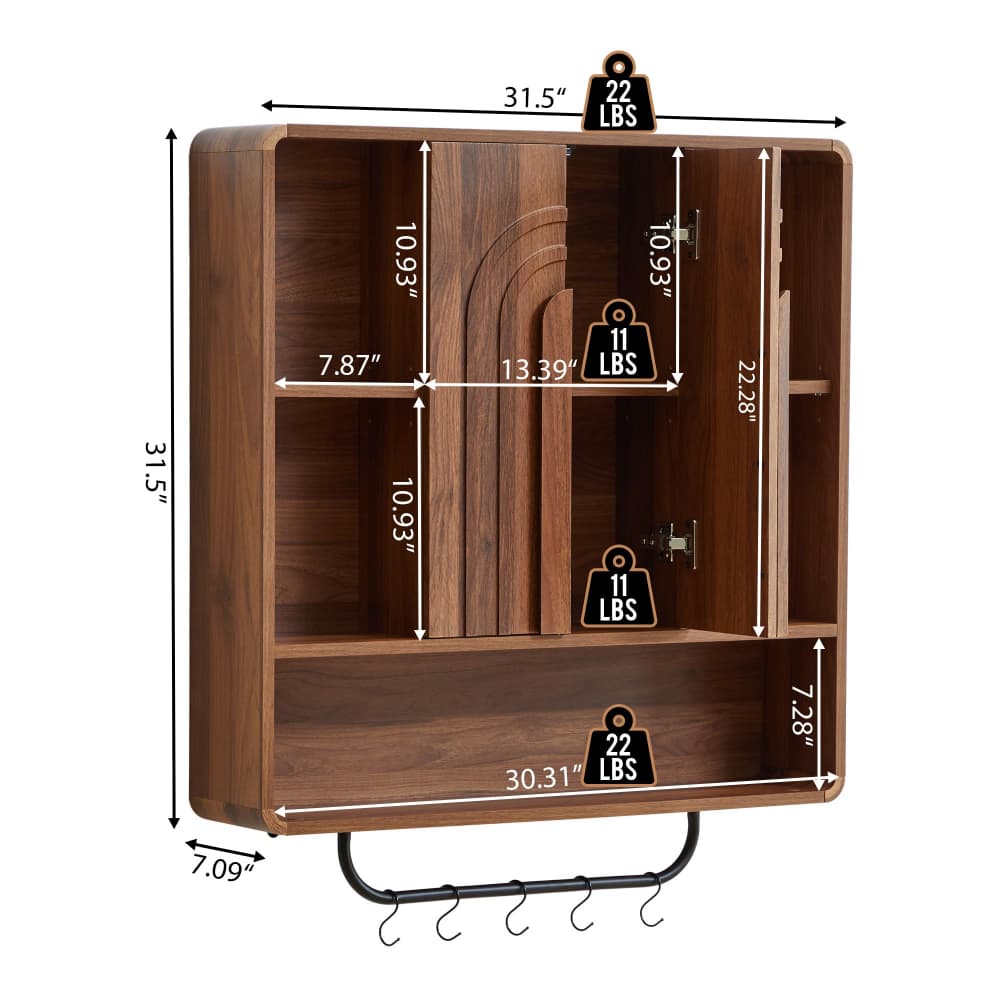 Wooden wall-mounted storage cabinet with dimension annotations, including measurements in inches and weight labels showing 11 lbs and 22 lbs hooks, on a white background.