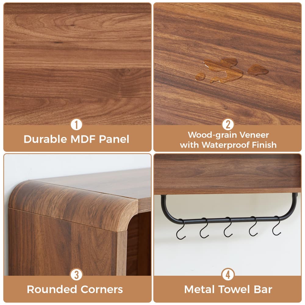Four-panel feature graphic showing a wood-look furniture surface detail: durable MDF panel, wood-grain veneer with waterproof finish, rounded corners, and a black metal towel bar.