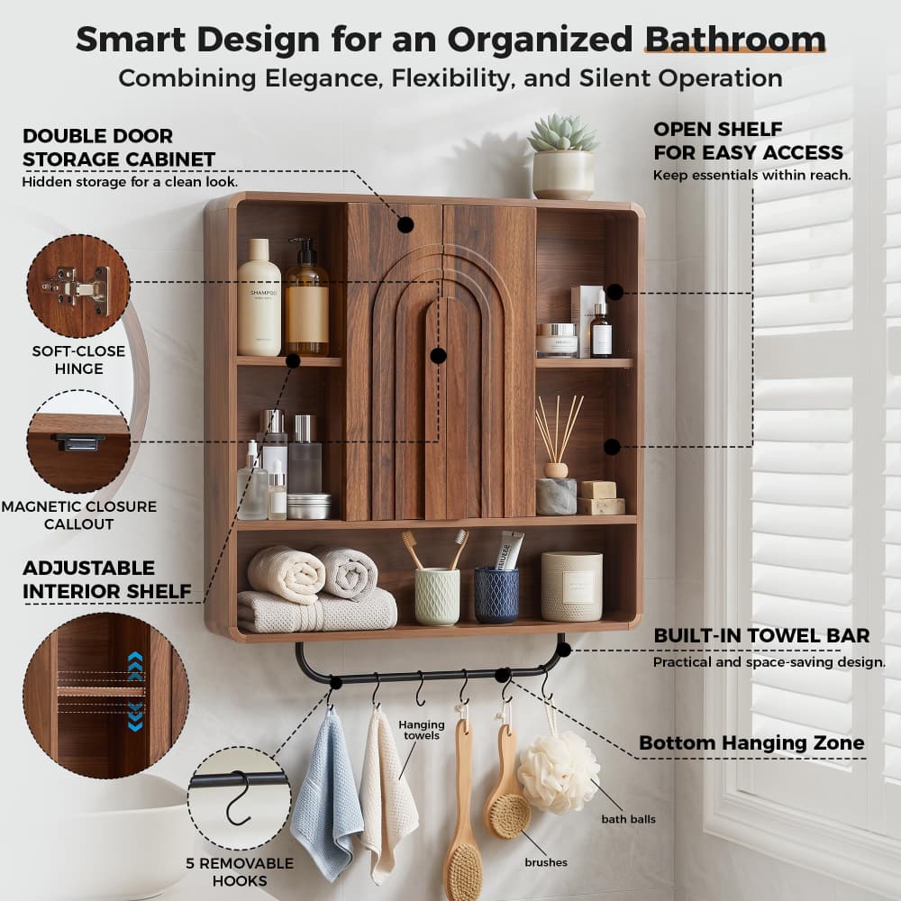 A wall-mounted wooden bathroom organizer cabinet with shelves, a built-in towel bar, and hanging hooks, shown in a bathroom setting with callout labels explaining features.
