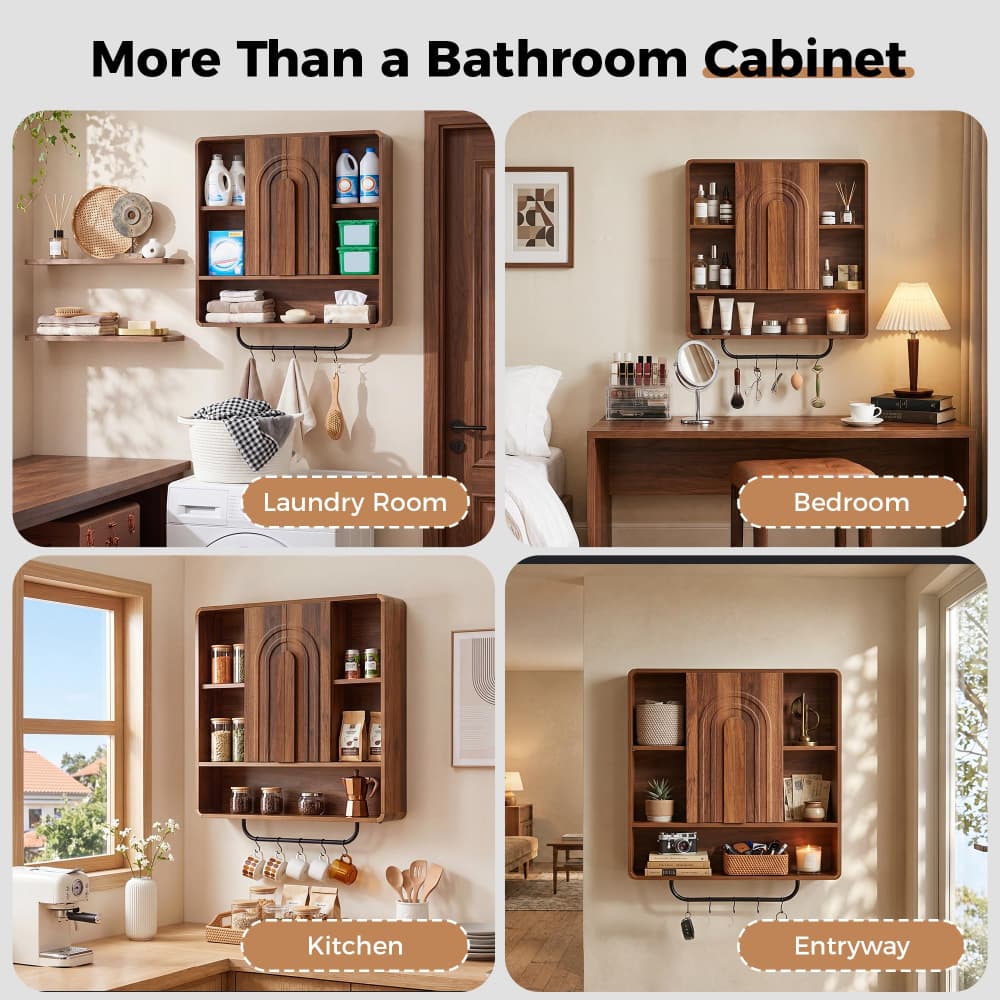 A four-panel collage showing a dark brown wooden wall-mounted cabinet organizer in different real-world settings: laundry room, bedroom, kitchen, and entryway. The cabinet has arched door panels, open shelving, hanging hooks, and storage compartments, with various household items displayed.