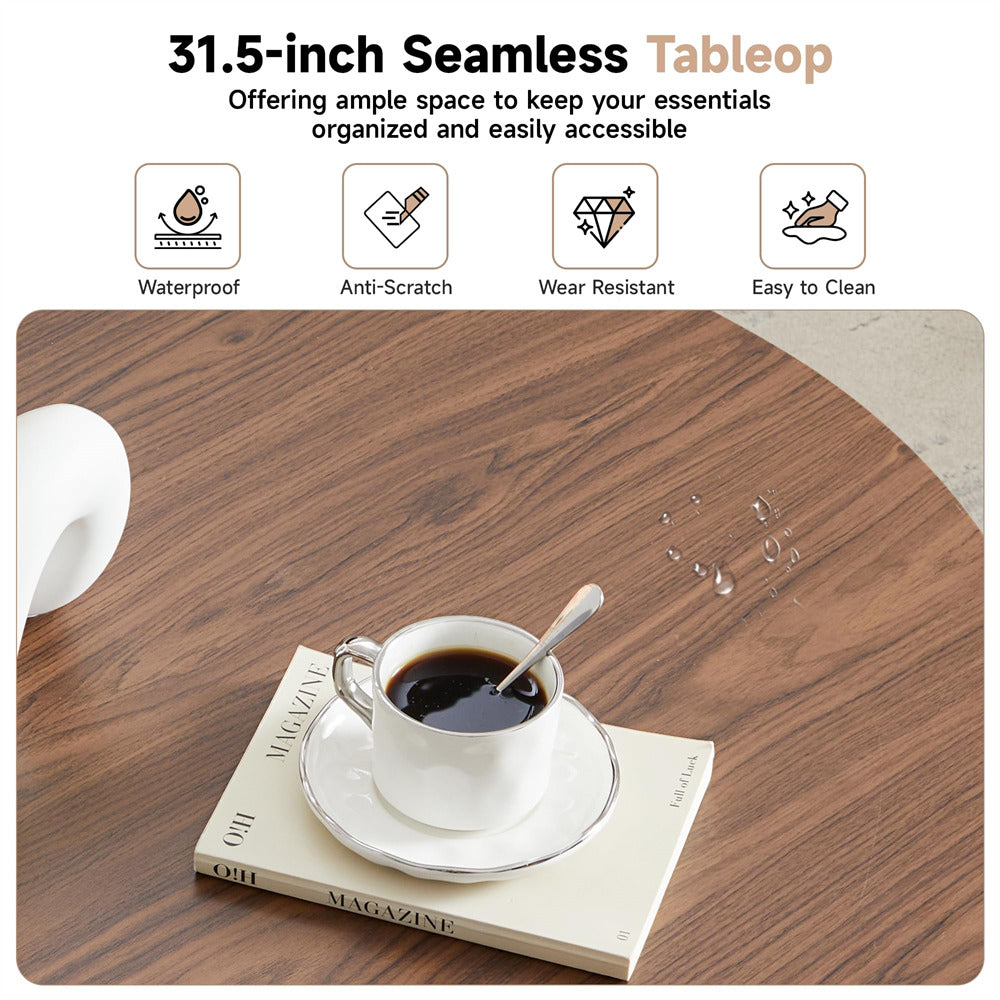 Wooden table with a cup of coffee and magazine, featuring product benefits on a white background