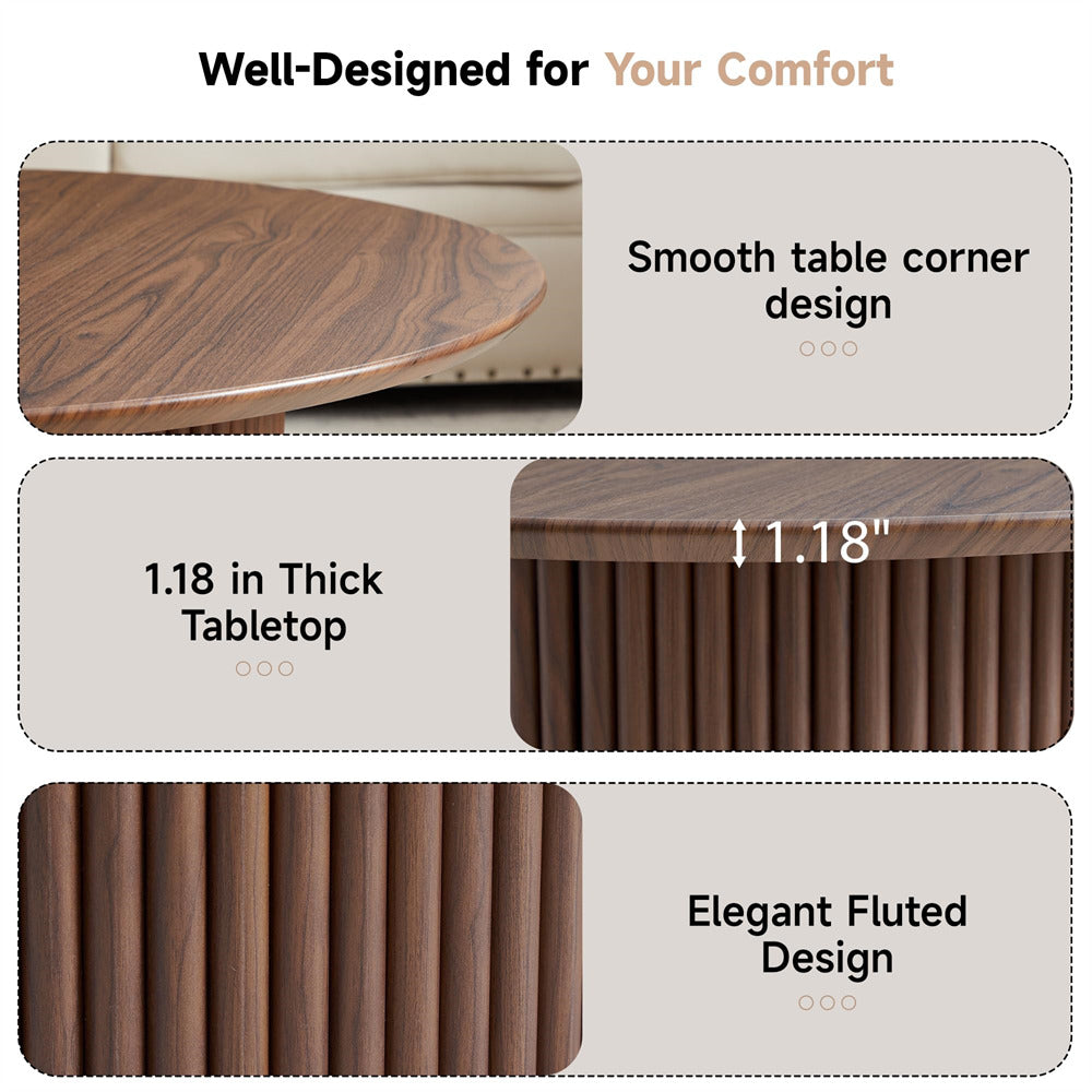 Wooden table with smooth corner design, thick tabletop, and fluted edge.
