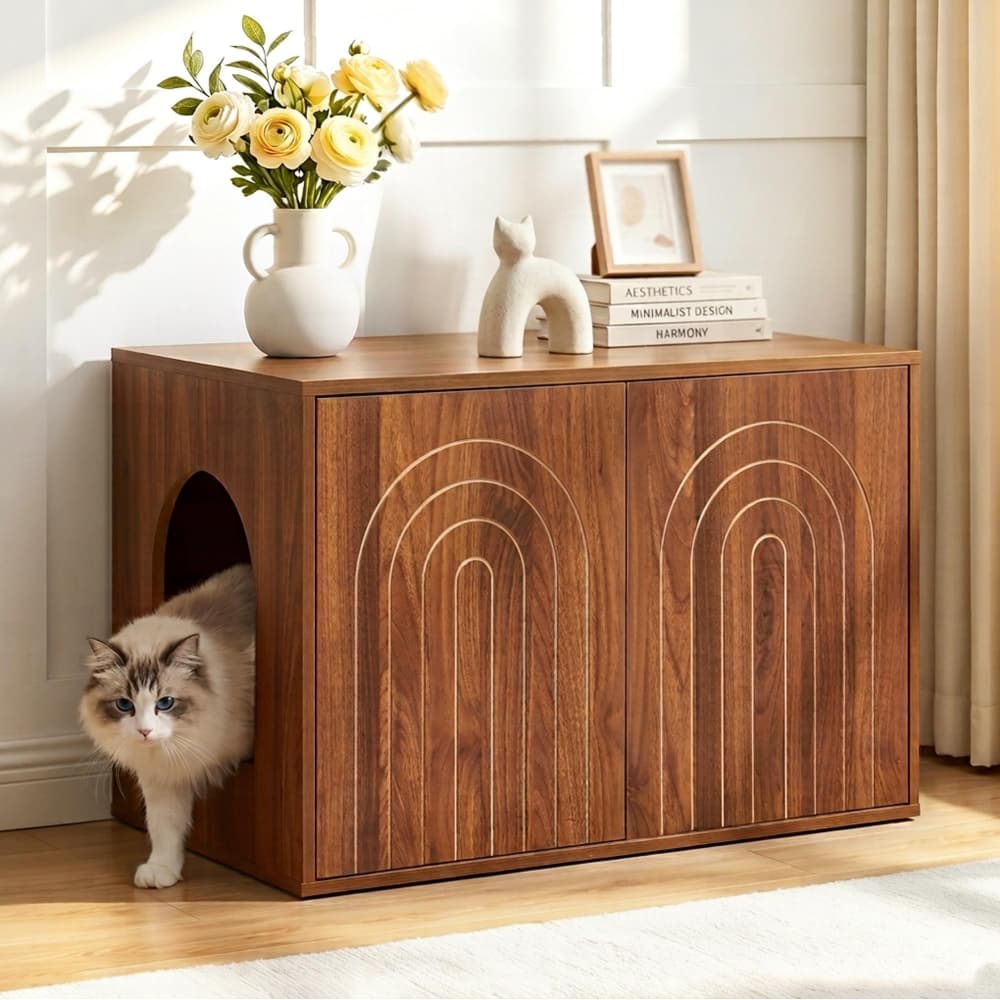Walnut 31.5" Hidden Cat Litter Box Enclosure Push-to-Open Double Doors Fluted Arched Fluted Design