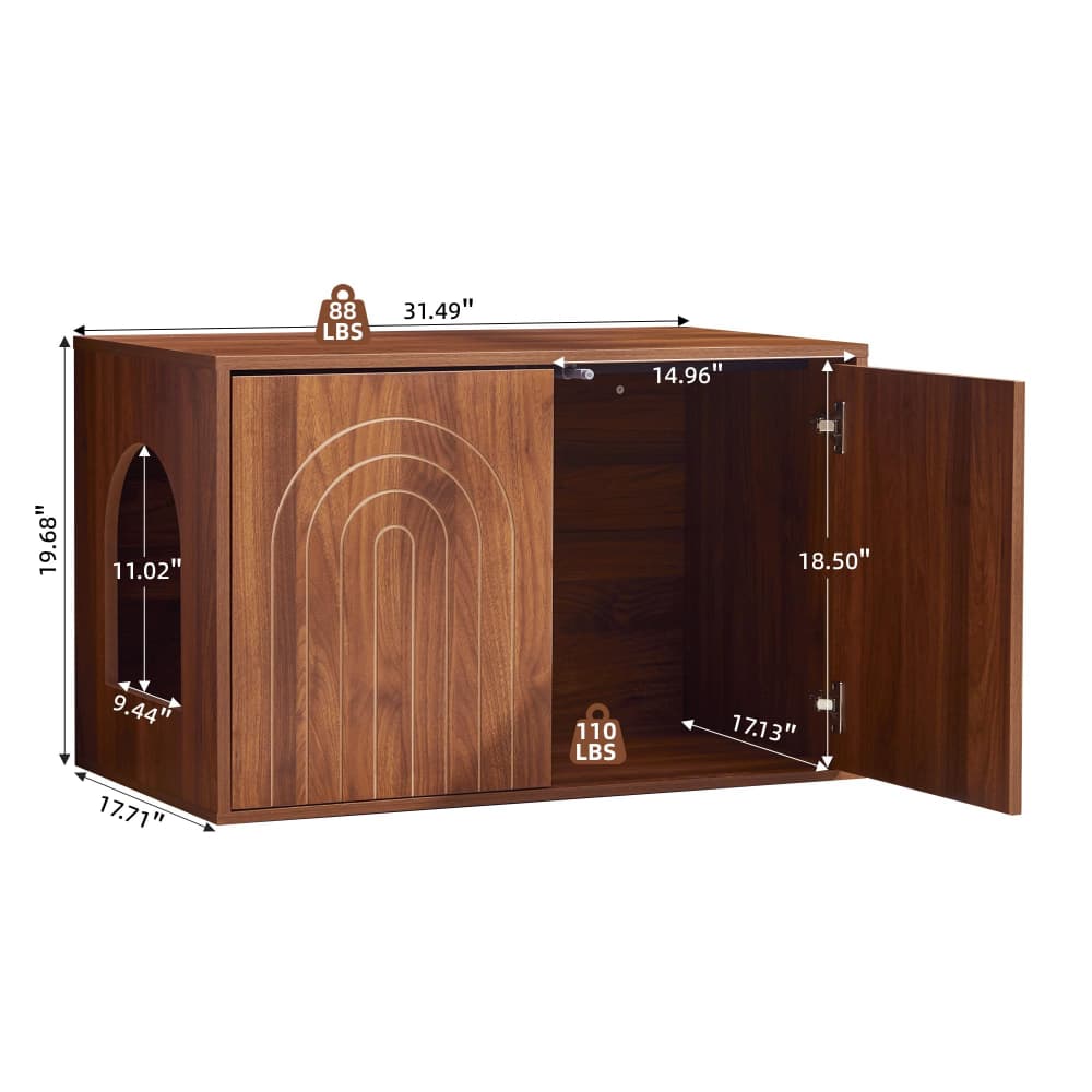 Walnut 31.5" Hidden Cat Litter Box Enclosure Push-to-Open Double Doors Fluted Arched Fluted Design Size