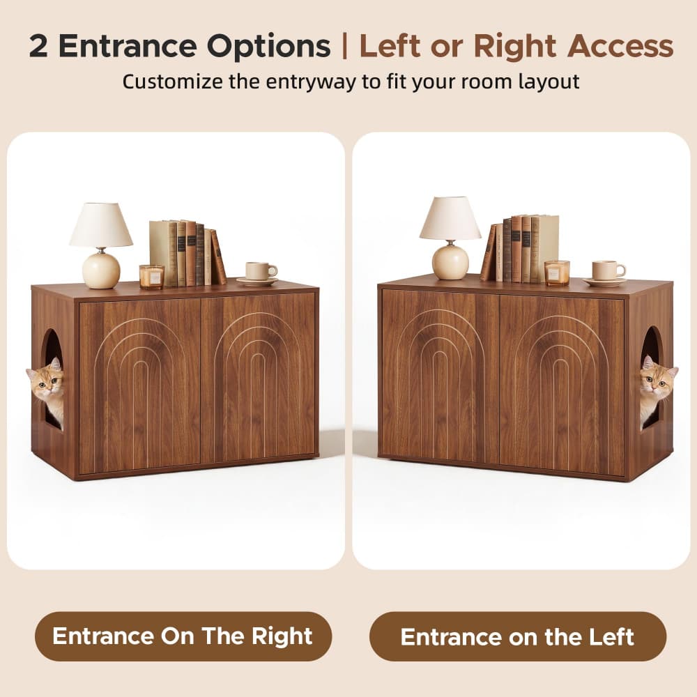 Walnut 31.5" Hidden Cat Litter Box Enclosure Push-to-Open Double Doors Fluted Arched Fluted Design