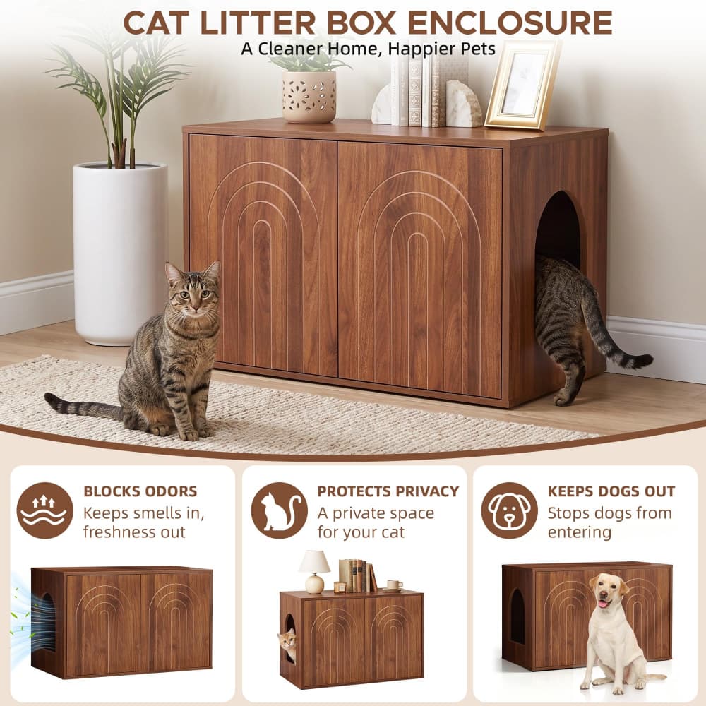 Walnut 31.5" Hidden Cat Litter Box Enclosure Push-to-Open Double Doors Fluted Arched Fluted Design