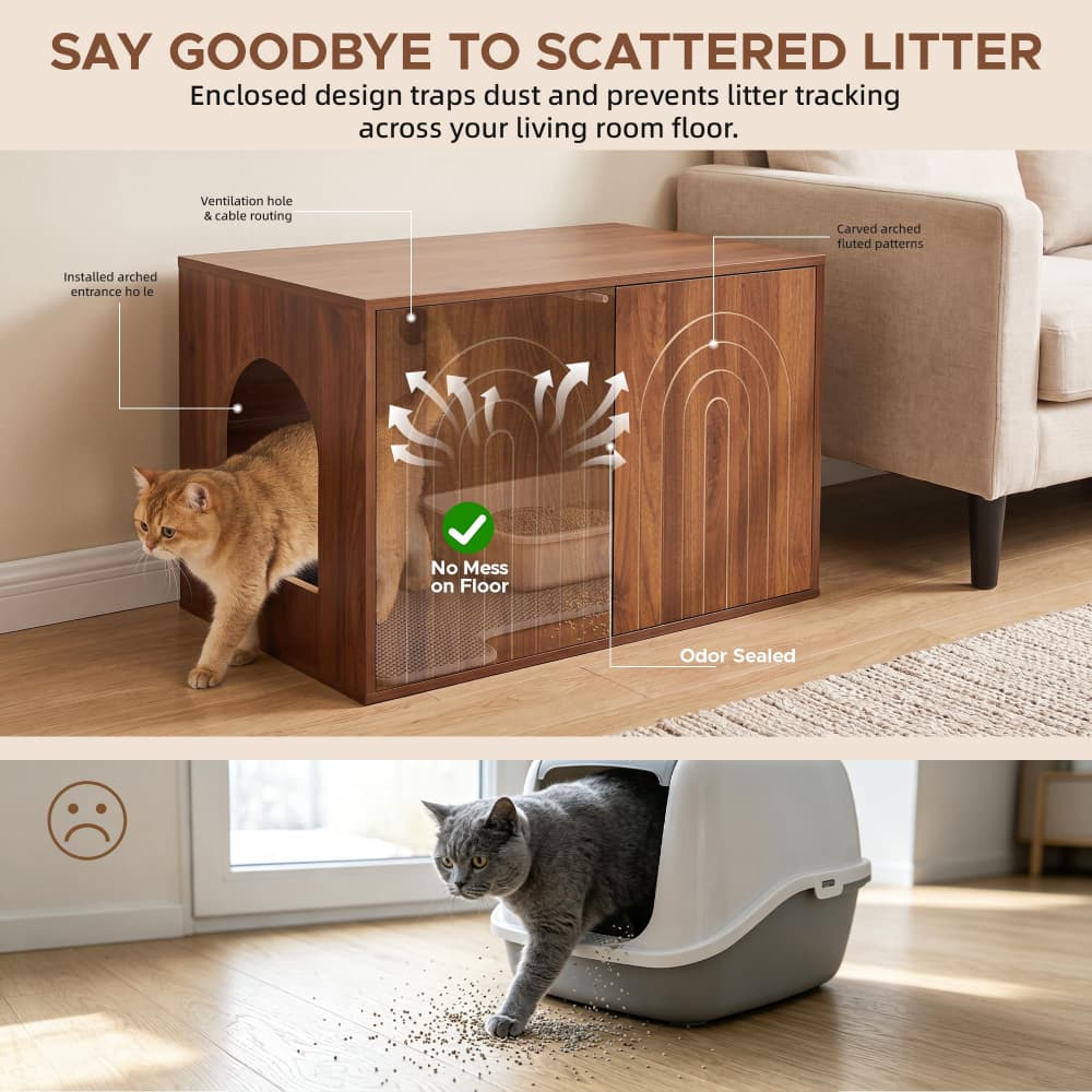 Walnut 31.5" Hidden Cat Litter Box Enclosure Push-to-Open Double Doors Fluted Arched Fluted Design