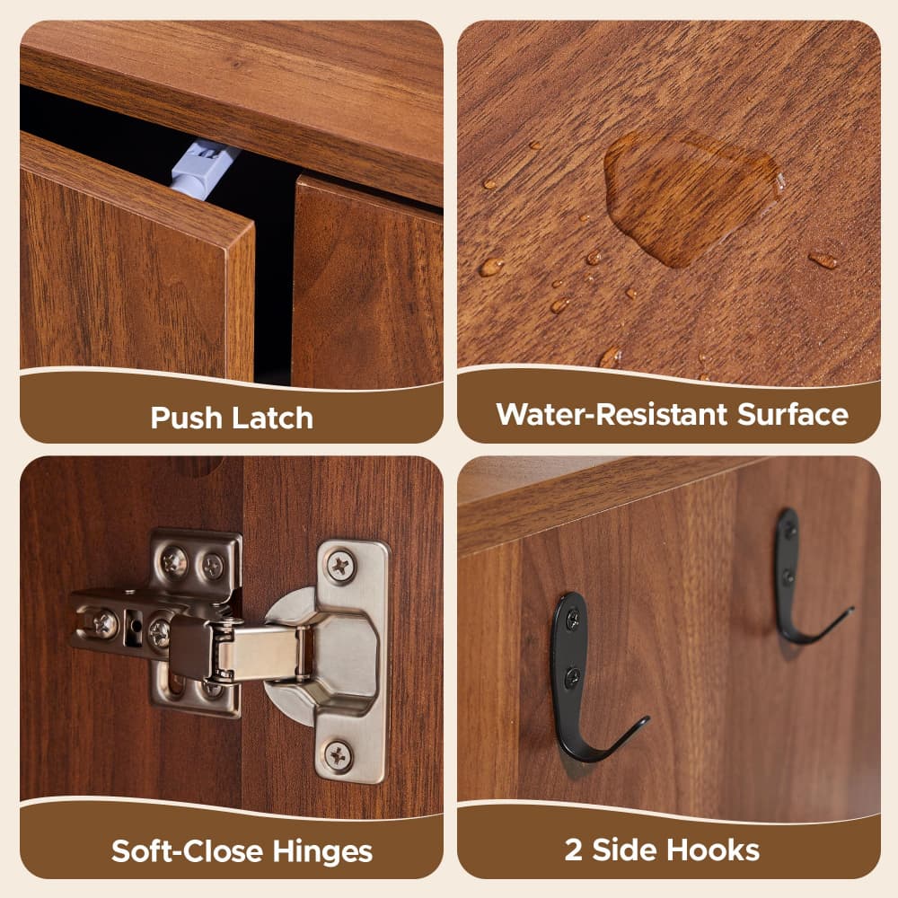 Walnut 31.5" Hidden Cat Litter Box Enclosure Push-to-Open Double Doors Fluted Arched Fluted Design