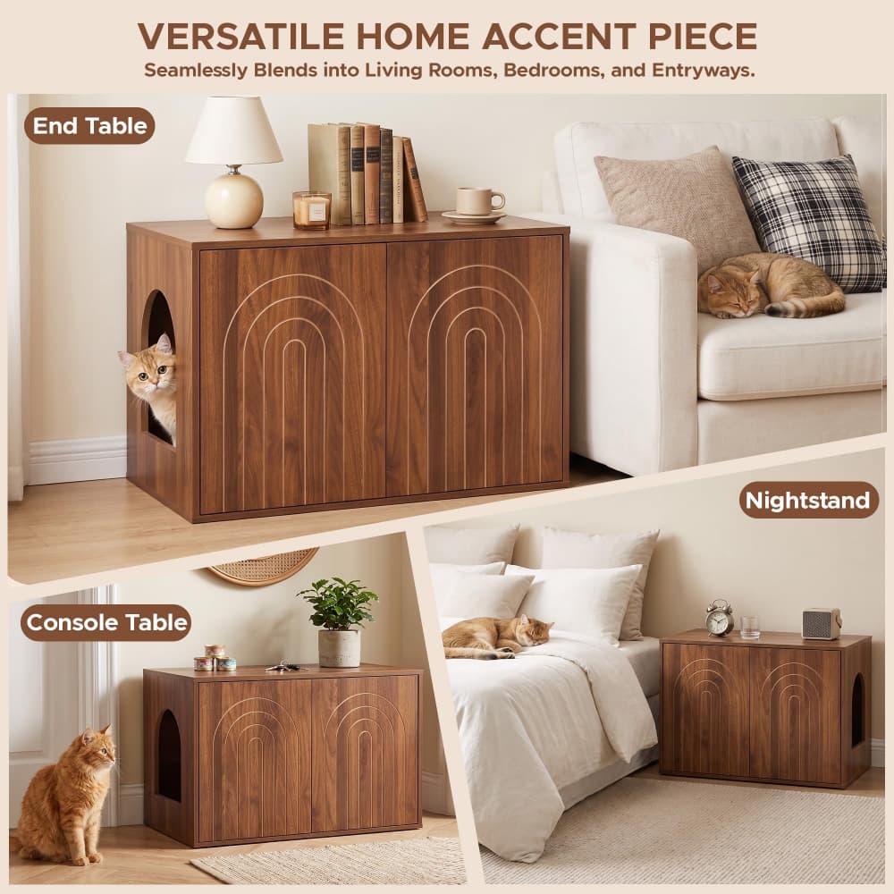 Walnut 31.5" Hidden Cat Litter Box Enclosure Push-to-Open Double Doors Fluted Arched Fluted Design
