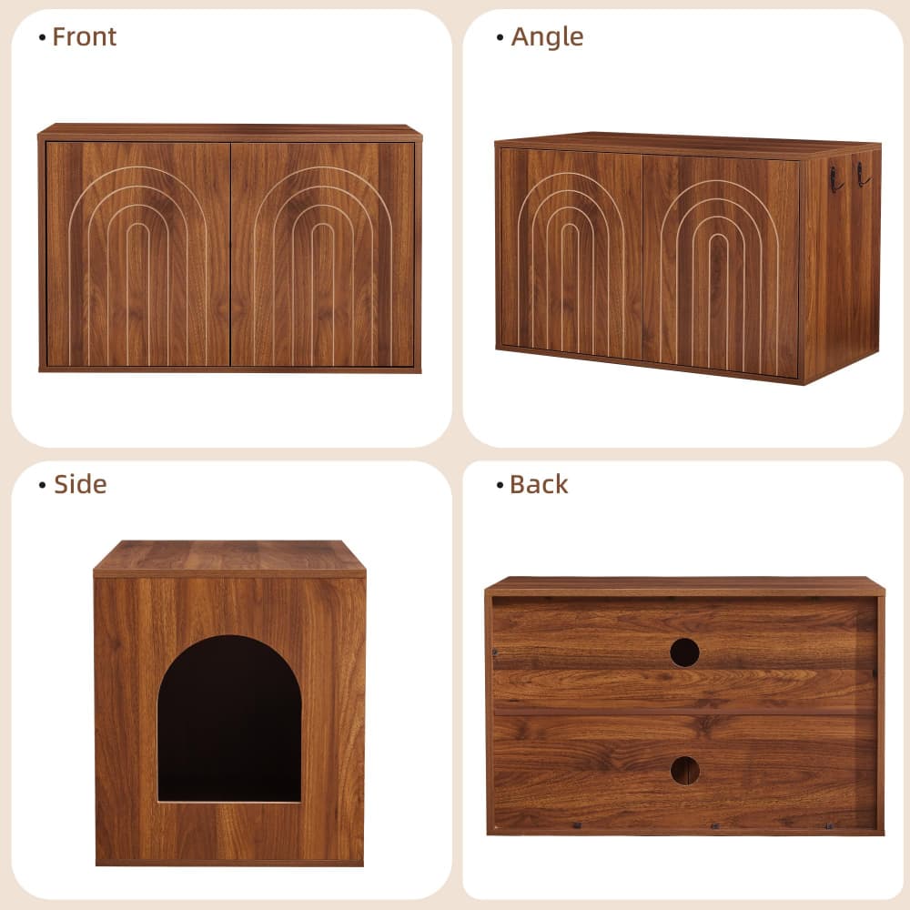 Walnut 31.5" Hidden Cat Litter Box Enclosure Push-to-Open Double Doors Fluted Arched Fluted Design