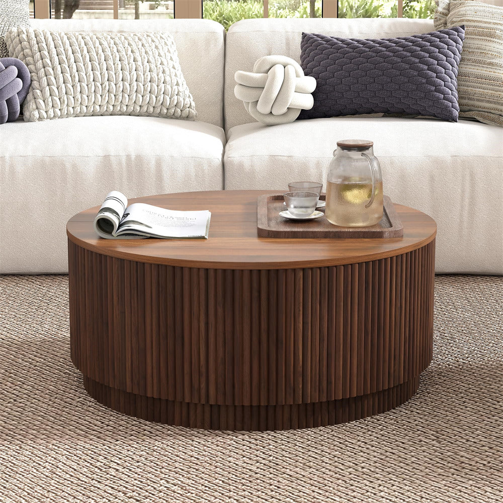 Walnut 31.5" Mid Century Modern Round Coffee Table with Storage and Fluted Base