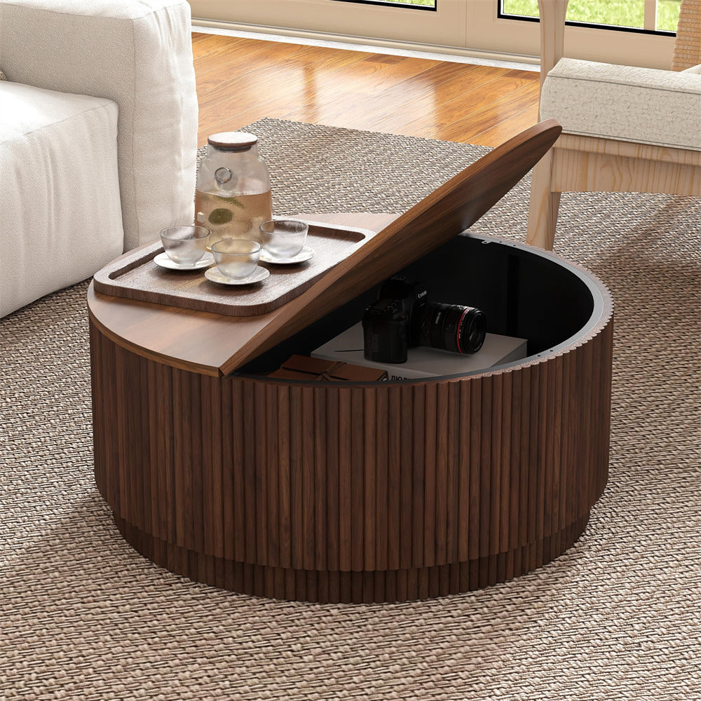 Walnut 31.5" Mid Century Modern Round Coffee Table with Storage and Fluted Base