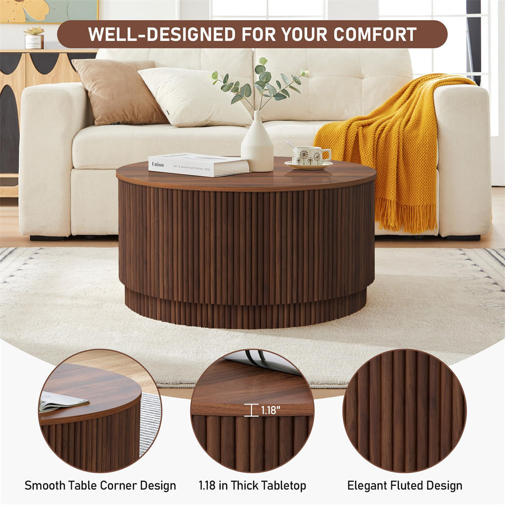 Walnut 31.5" Mid Century Modern Round Coffee Table with Storage and Fluted Base