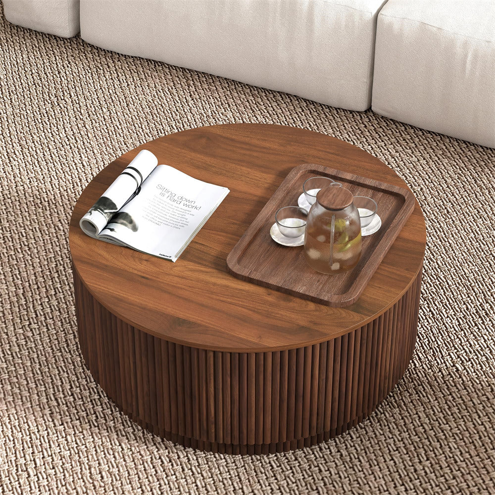 Walnut 31.5" Mid Century Modern Round Coffee Table with Storage and Fluted Base