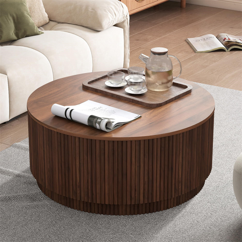 Walnut 31.5" Mid Century Modern Round Coffee Table with Storage and Fluted Base