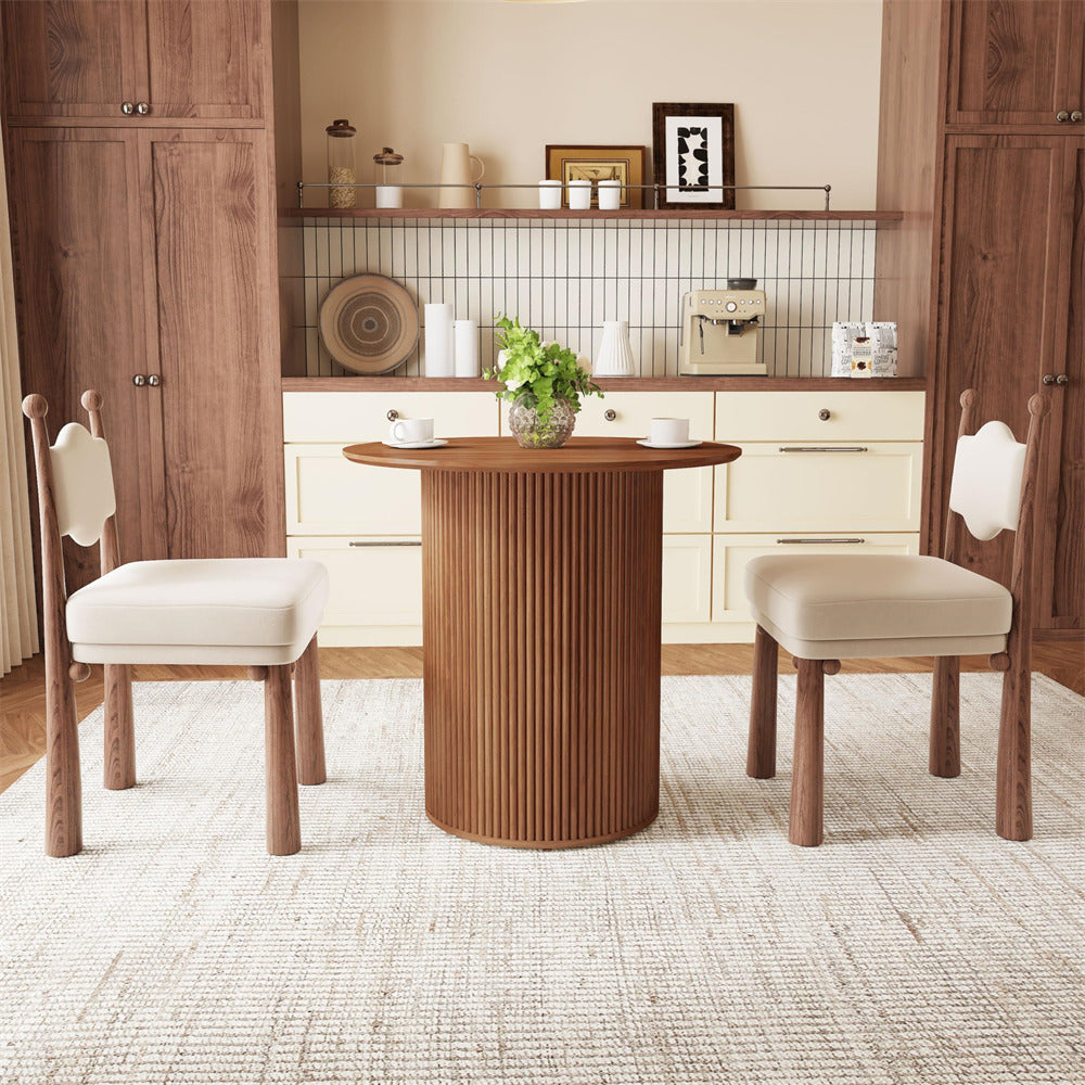 Walnut 31.5" Round Small Kitchen Dinner Table with Fluted Wood Base