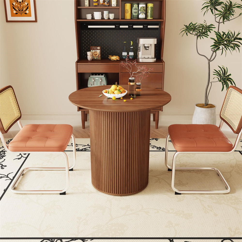 Walnut 31.5" Round Small Kitchen Dinner Table with Fluted Wood Base