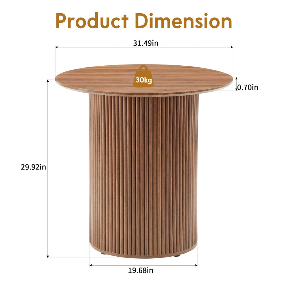 Walnut 31.5" Round Small Kitchen Dinner Table with Fluted Wood Base