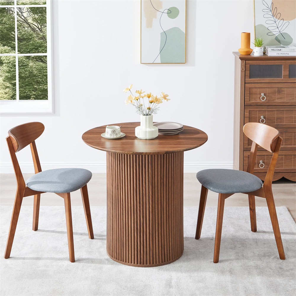Walnut 31.5" Round Small Kitchen Dinner Table with Fluted Wood Base