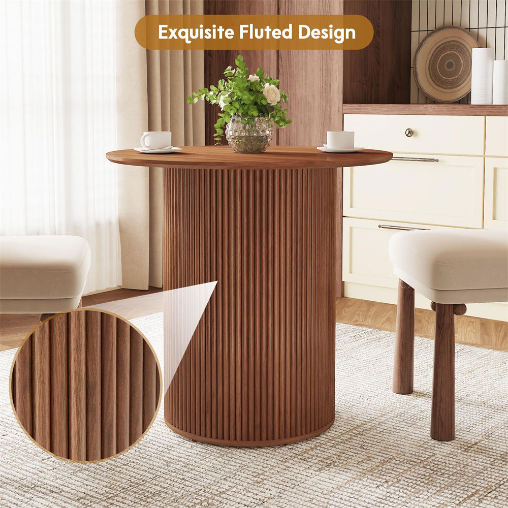 Walnut 31.5" Round Small Kitchen Dinner Table with Fluted Wood Base
