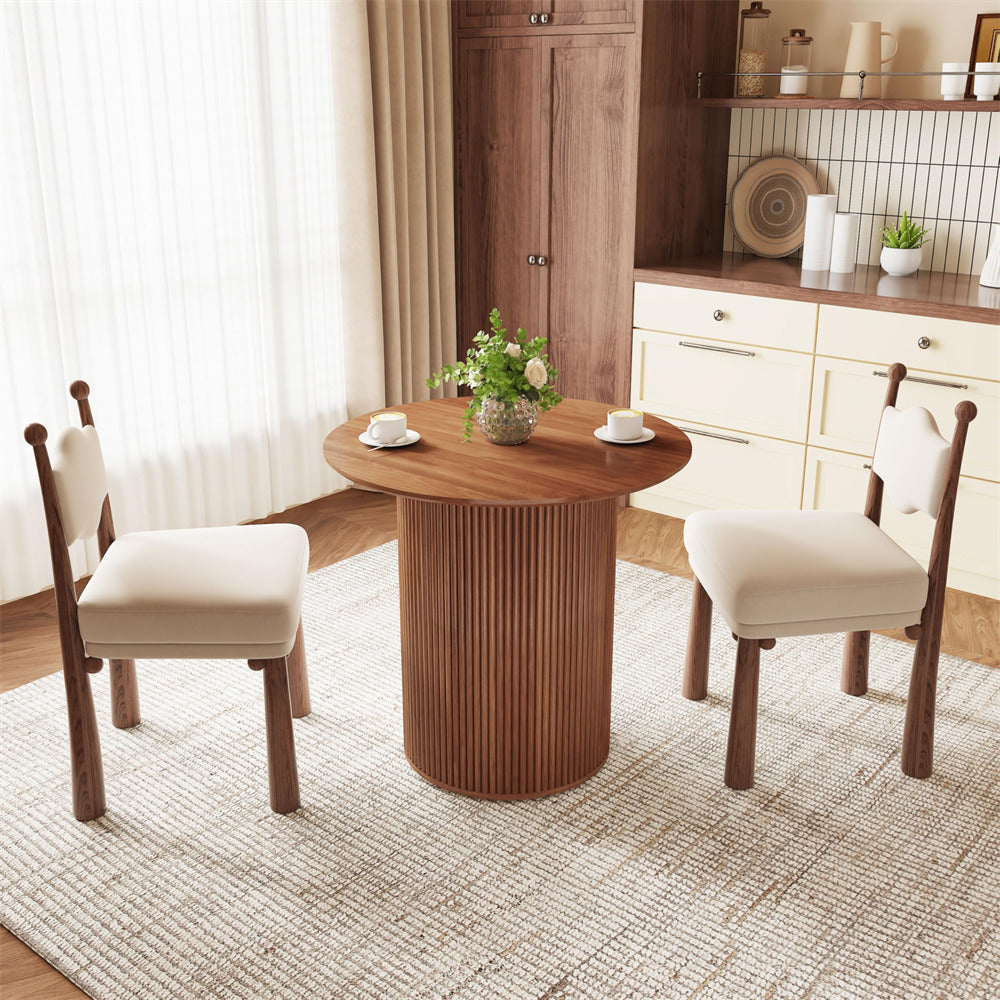 Walnut 31.5" Round Small Kitchen Dinner Table with Fluted Wood Base