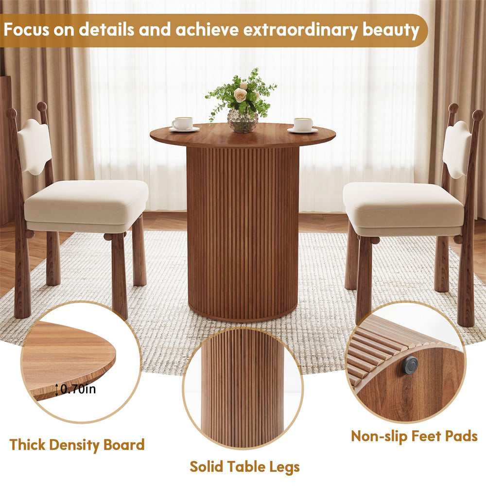 Walnut 31.5" Round Small Kitchen Dinner Table with Fluted Wood Base