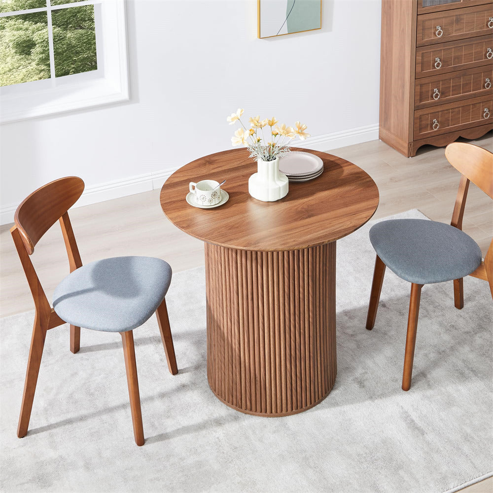 Walnut 31.5" Round Small Kitchen Dinner Table with Fluted Wood Base
