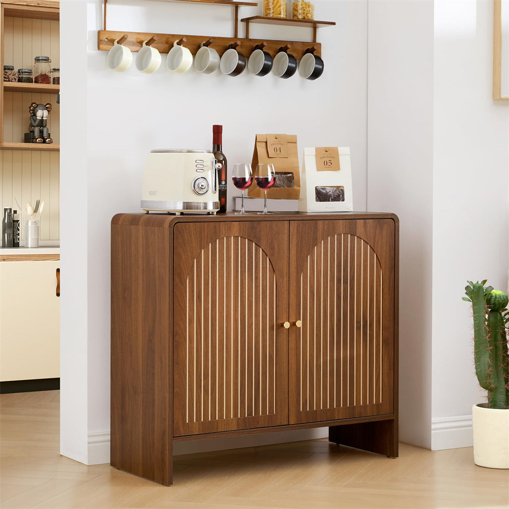 Walnut 31.5" Sideboard Storage Cabinet with 2 Doors & Arched Striped Pattern