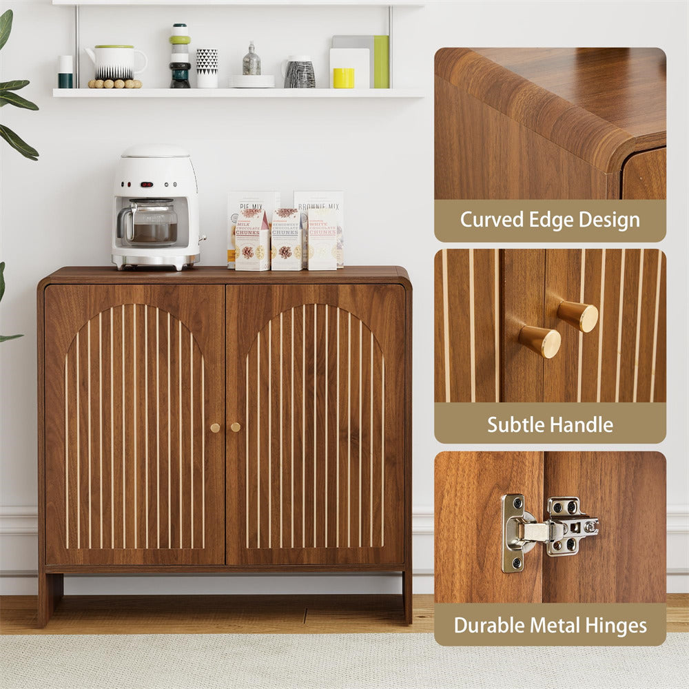 Walnut 31.5" Sideboard Storage Cabinet with 2 Doors & Arched Striped Pattern