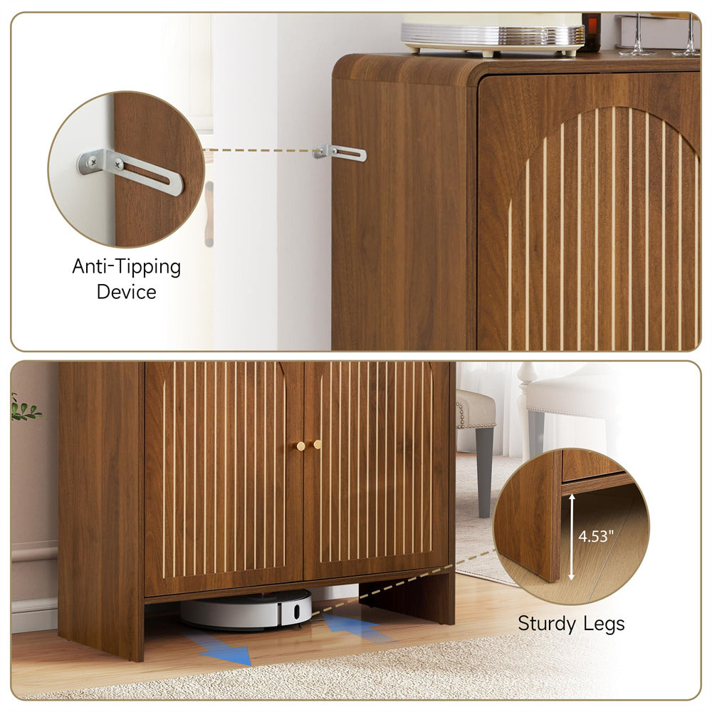 Walnut 31.5" Sideboard Storage Cabinet with 2 Doors & Arched Striped Pattern