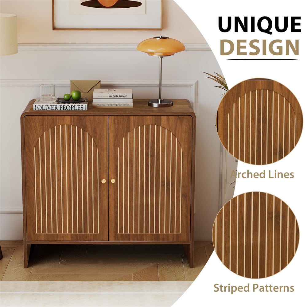 Walnut 31.5" Sideboard Storage Cabinet with 2 Doors & Arched Striped Pattern