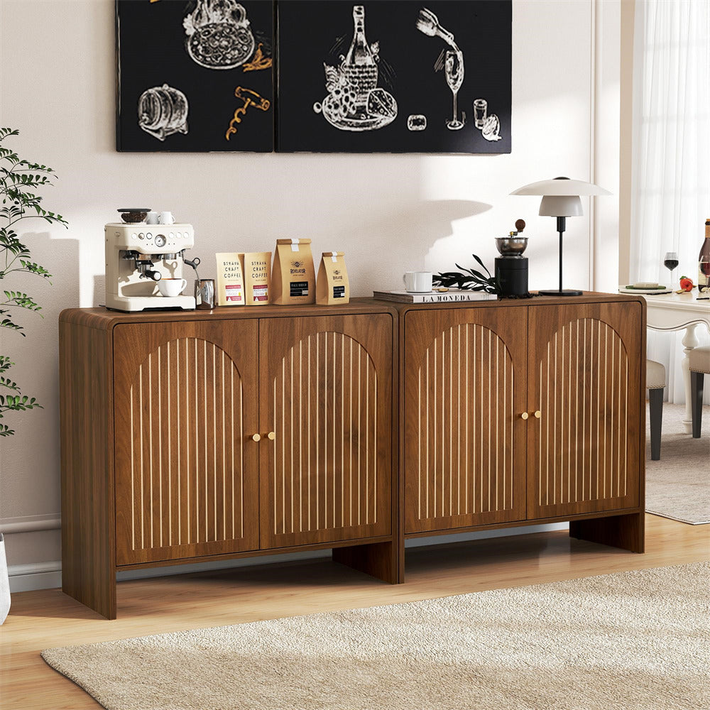 Walnut 31.5" Sideboard Storage Cabinet with 2 Doors & Arched Striped Pattern