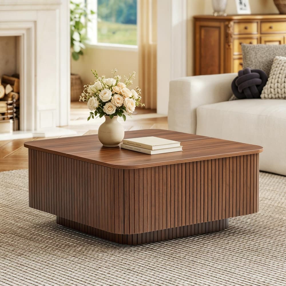 Walnut 31.5" Square Fluted Flip-Top Coffee Table with Storage and Floating Base