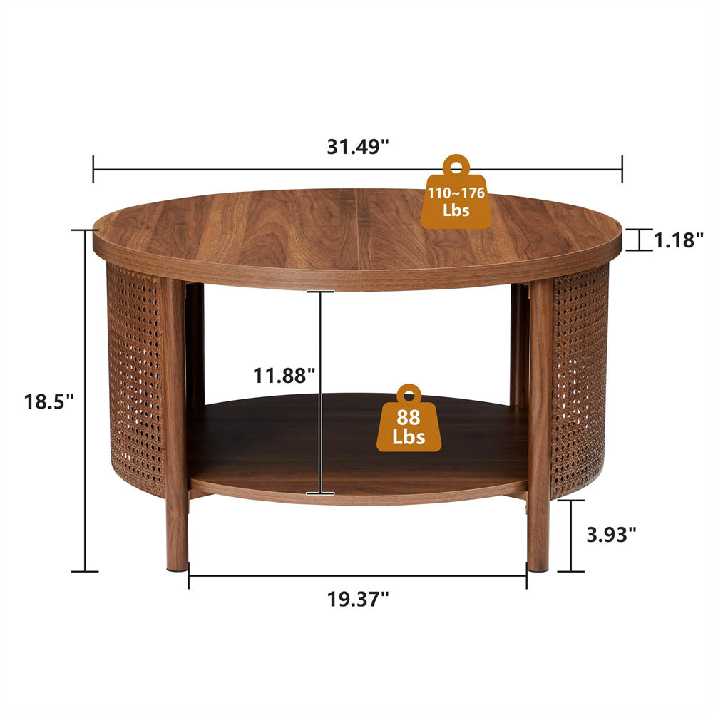 Wooden round table with measurements and weight indicators on a white background