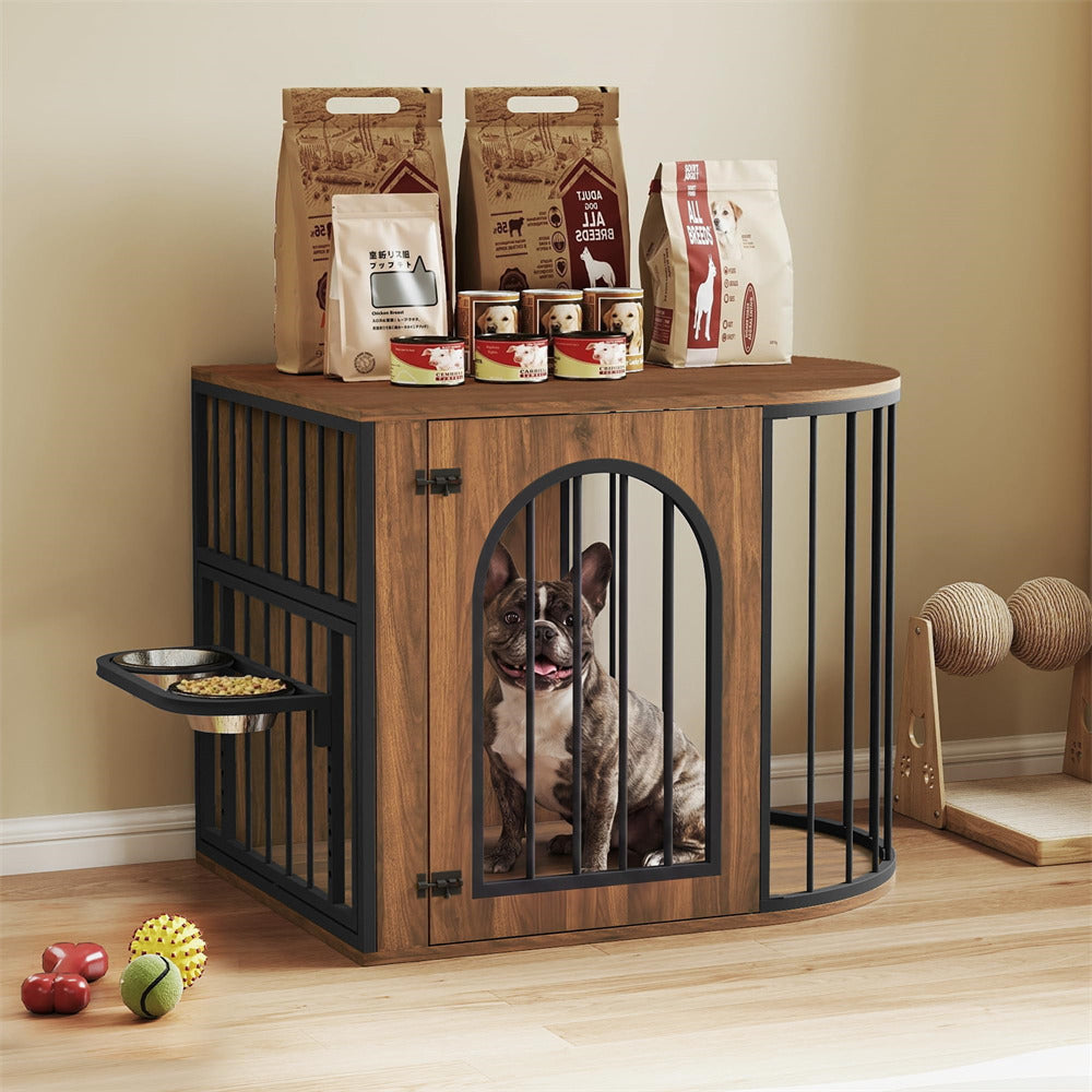 Walnut 31.5'' Oval Indoor Dog Crate Furniture with Adjustable 360°&Height Dog Bowls Rack for Small/Medium Dogs (Up to 55 lbs)