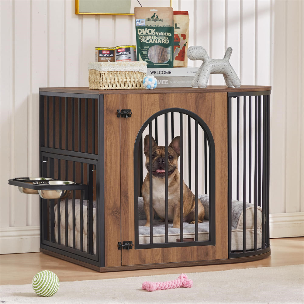 Walnut 31.5'' Oval Indoor Dog Crate Furniture with Adjustable 360°&Height Dog Bowls Rack for Small/Medium Dogs (Up to 55 lbs)