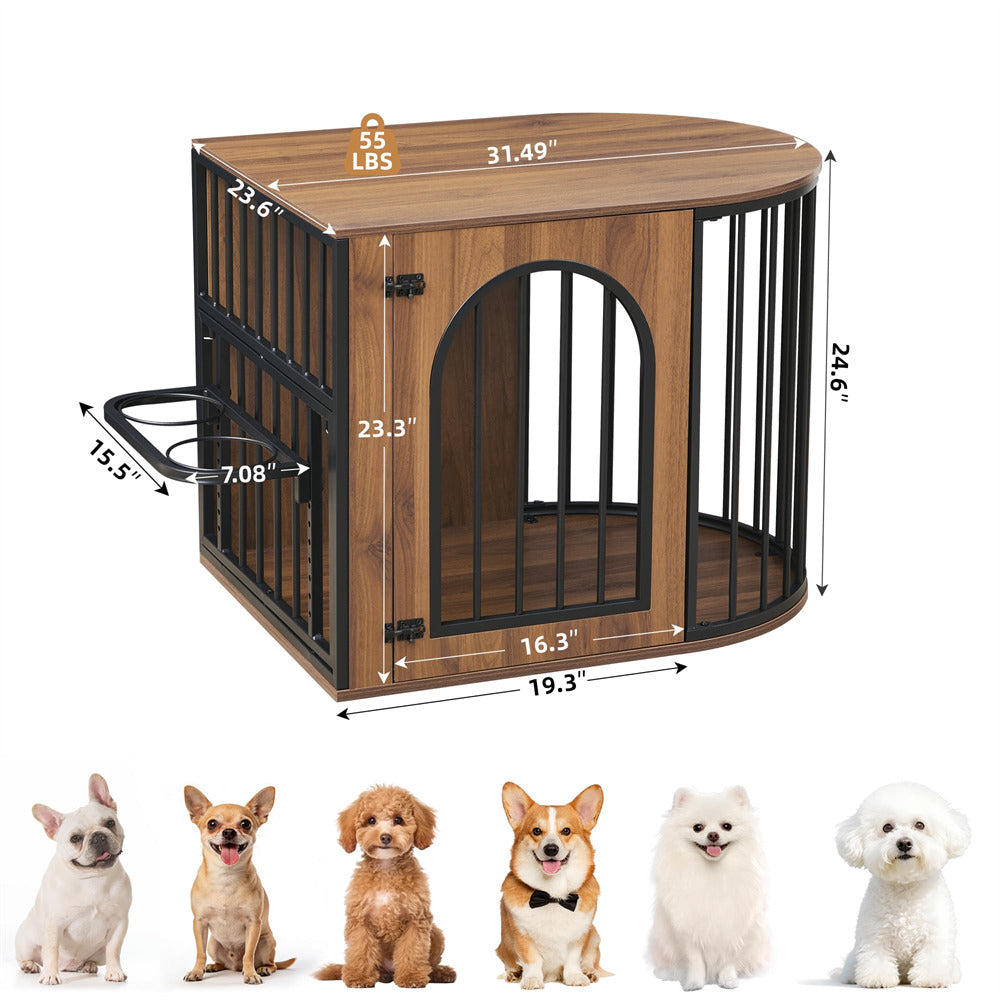 Walnut 31.5'' Oval Indoor Dog Crate Furniture with Adjustable 360°&Height Dog Bowls Rack for Small/Medium Dogs (Up to 55 lbs)