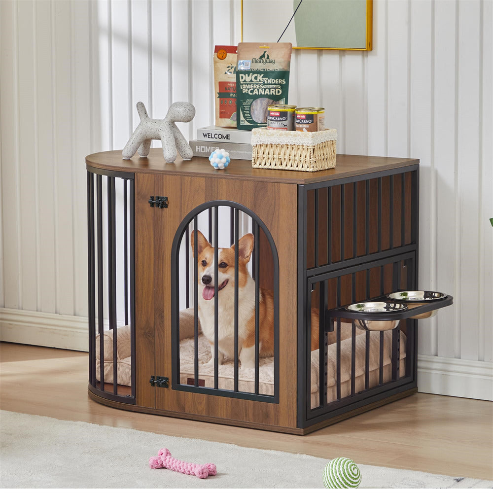 Walnut 31.5'' Oval Indoor Dog Crate Furniture with Adjustable 360°&Height Dog Bowls Rack for Small/Medium Dogs (Up to 55 lbs)
