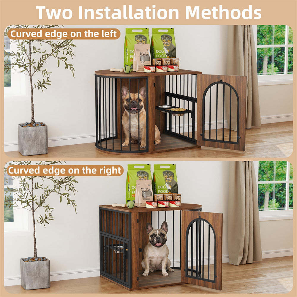 Walnut 31.5'' Oval Indoor Dog Crate Furniture with Adjustable 360°&Height Dog Bowls Rack for Small/Medium Dogs (Up to 55 lbs)