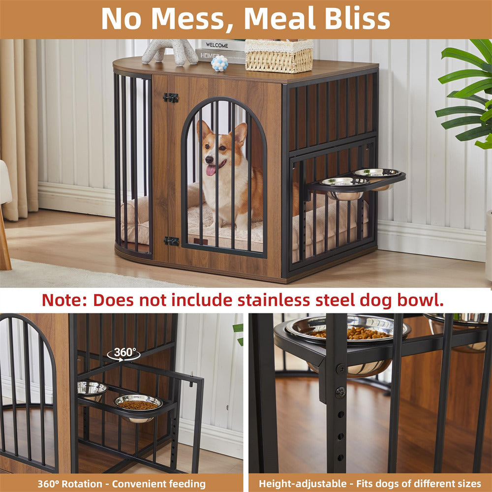 Walnut 31.5'' Oval Indoor Dog Crate Furniture with Adjustable 360°&Height Dog Bowls Rack for Small/Medium Dogs (Up to 55 lbs)