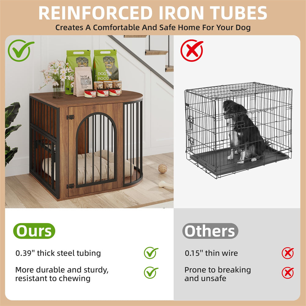 Walnut 31.5'' Oval Indoor Dog Crate Furniture with Adjustable 360°&Height Dog Bowls Rack for Small/Medium Dogs (Up to 55 lbs)