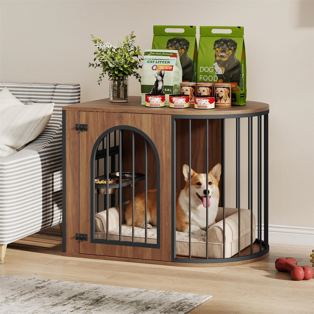 Walnut 31.5'' Oval Indoor Dog Crate Furniture with Adjustable 360°&Height Dog Bowls Rack for Small/Medium Dogs (Up to 55 lbs)