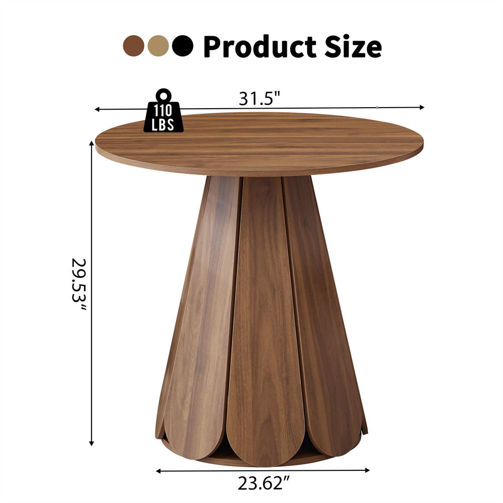 Wooden side table with dimensions and weight capacity label on a white background